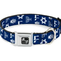 Dog Bone Seatbelt Buckle Collar - Jewish Symbols-4 Blue/White