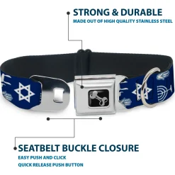 Dog Bone Seatbelt Buckle Collar - Jewish Symbols-4 Blue/White