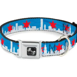 Dog Bone Seatbelt Buckle Collar - Chicago Skyline/Flag Distressed Black/White/Red