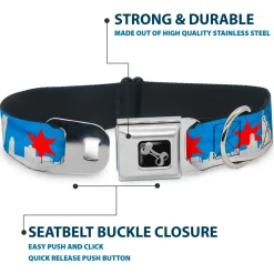 Dog Bone Seatbelt Buckle Collar - Chicago Skyline/Flag Distressed Black/White/Red