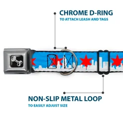 Dog Bone Seatbelt Buckle Collar - Chicago Skyline/Flag Distressed Black/White/Red