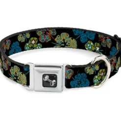 Dog Bone Seatbelt Buckle Collar - Pixilated Hibiscus Flowers Black/Multi Color