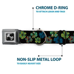 Dog Bone Seatbelt Buckle Collar - Pixilated Hibiscus Flowers Black/Multi Color