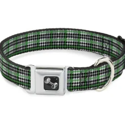 Dog Bone Seatbelt Buckle Collar - Mini Houndstooth Green/Black/Gray