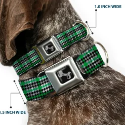 Dog Bone Seatbelt Buckle Collar - Mini Houndstooth Green/Black/Gray
