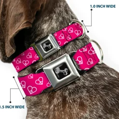 Dog Bone Seatbelt Buckle Collar - Mini Peace Hearts Fuchsia/White