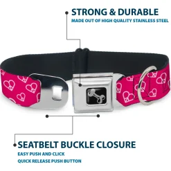 Dog Bone Seatbelt Buckle Collar - Mini Peace Hearts Fuchsia/White