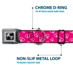 Dog Bone Seatbelt Buckle Collar - Mini Peace Hearts Fuchsia/White