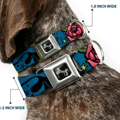 Dog Bone Seatbelt Buckle Collar - Mom & Dad CLOSE-UP Blue w/Sparrows