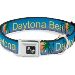 Dog Bone Seatbelt Buckle Collar - DAYTON BEACH Script/Sun/Palm Trees Blue Fade/Yellow/Oranges/Green