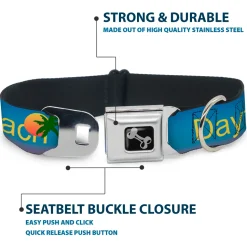 Dog Bone Seatbelt Buckle Collar - DAYTON BEACH Script/Sun/Palm Trees Blue Fade/Yellow/Oranges/Green