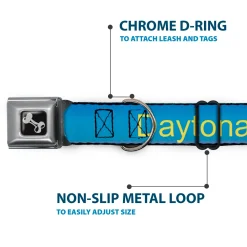 Dog Bone Seatbelt Buckle Collar - DAYTON BEACH Script/Sun/Palm Trees Blue Fade/Yellow/Oranges/Green