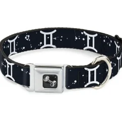 Dog Bone Seatbelt Buckle Collar - Zodiac Gemini Symbol/Constellations Black/White