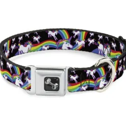 Dog Bone Seatbelt Buckle Collar - Unicorns/Rainbow Swirl Black
