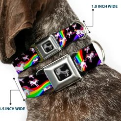 Dog Bone Seatbelt Buckle Collar - Unicorns/Rainbow Swirl Black
