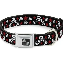 Dog Bone Seatbelt Buckle Collar - Skulls & Stars Black/White/Red