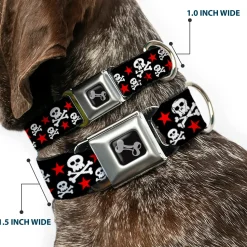 Dog Bone Seatbelt Buckle Collar - Skulls & Stars Black/White/Red