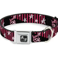 Dog Bone Seatbelt Buckle Collar - Love Me w/Sketch Stars & Stripes Black/Fuchsia/White