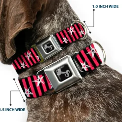 Dog Bone Seatbelt Buckle Collar - Love Me w/Sketch Stars & Stripes Black/Fuchsia/White