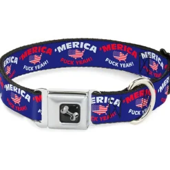 Dog Bone Seatbelt Buckle Collar - 'MERICA FUCK YEAH!/USA Silhouette Blue/White/Red/US Flag