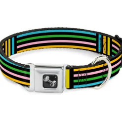 Dog Bone Seatbelt Buckle Collar - Stripe Blocks Black/Multi Pastel