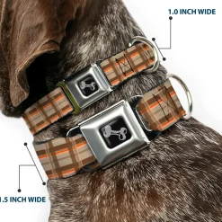 Dog Bone Seatbelt Buckle Collar - Plaid Tan Shades/Orange