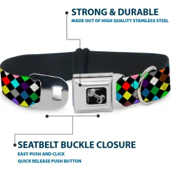 Dog Bone Seatbelt Buckle Collar - Diamonds Black/Multi Color