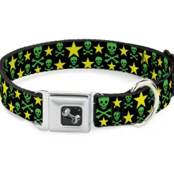 Dog Bone Seatbelt Buckle Collar - Skulls & Stars Black/Green/Yellow