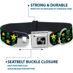 Dog Bone Seatbelt Buckle Collar - Skulls & Stars Black/Green/Yellow