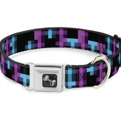 Dog Bone Seatbelt Buckle Collar - Pixilated Checker Black/Fuchsia/Turquoise