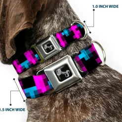 Dog Bone Seatbelt Buckle Collar - Pixilated Checker Black/Fuchsia/Turquoise