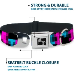 Dog Bone Seatbelt Buckle Collar - Pixilated Checker Black/Fuchsia/Turquoise