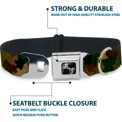 Dog Bone Seatbelt Buckle Collar - Leaf Camo Browns/Greens/Black