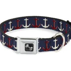 Dog Bone Seatbelt Buckle Collar - Anchor3 CLOSE-UP Navy/Red/Cream