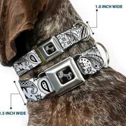 Dog Bone Seatbelt Buckle Collar - Floral Paisley3 White/Black