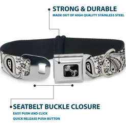 Dog Bone Seatbelt Buckle Collar - Floral Paisley3 White/Black