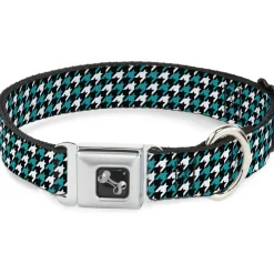 Dog Bone Seatbelt Buckle Collar - Houndstooth Black/White/Turquoise