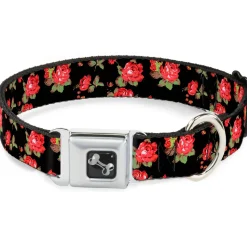 Dog Bone Seatbelt Buckle Collar - Red Roses Scattered Black