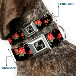 Dog Bone Seatbelt Buckle Collar - Red Roses Scattered Black