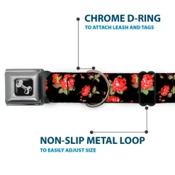 Dog Bone Seatbelt Buckle Collar - Red Roses Scattered Black