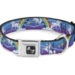 Dog Bone Seatbelt Buckle Collar - Unicorns/Rainbows/Stars Blue/Rainbow/White