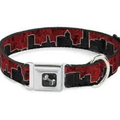 Dog Bone Seatbelt Buckle Collar - Portland Vivid Skyline Red Roses/Black