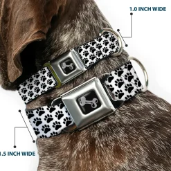 Dog Bone Seatbelt Buckle Collar - Paw Print White/Black