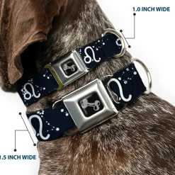 Dog Bone Seatbelt Buckle Collar - Zodiac Leo Symbol/Constellations Black/White