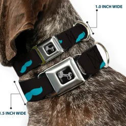 Dog Bone Seatbelt Buckle Collar - Mustaches Scattered Black/Turquoise