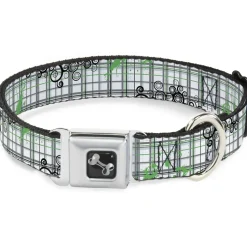 Dog Bone Seatbelt Buckle Collar - Plaid Curls White/Black/Gray/Green