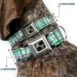 Dog Bone Seatbelt Buckle Collar - Plaid Curls White/Black/Gray/Green