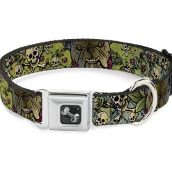 Dog Bone Seatbelt Buckle Collar - Trust No One CLOSE-UP Yellow/Green/Blue-S