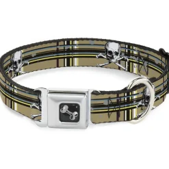 Dog Bone Seatbelt Buckle Collar - Skull & Cross Bones Plaid Tan