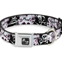 Dog Bone Seatbelt Buckle Collar - Punk Princess Heart & Cross Bones w/Skulls & Splatter Black/White